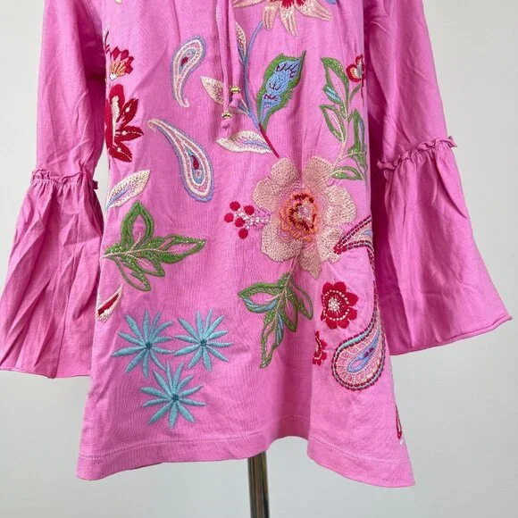 NWOT JOHNNY WAS Freyde Cotton Embroidered Floral Tee 3/4 Sleeves Shirt Size S - Picture 4 of 14